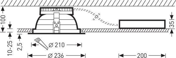 'Diagramm eines Einbaus mit Maßen: Höhe 35 mm, Breite 200 mm. Lochdurchmesser 210 mm. Schnittansicht zeigt Gerätebauhöhe und Anschluss.'