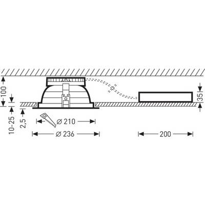 'Diagramm eines Einbaus mit Maßen: Höhe 35 mm, Breite 200 mm. Lochdurchmesser 210 mm. Schnittansicht zeigt Gerätebauhöhe und Anschluss.'