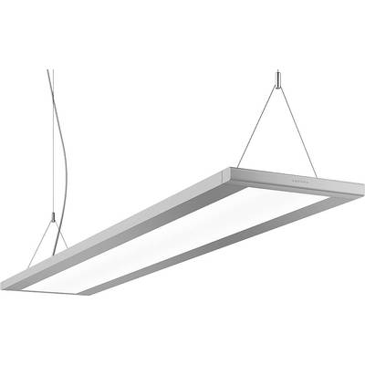 Eine moderne, rechteckige LED-Pendelleuchte hängt an zwei Kabeln, ideal für Büro- oder Wohnbeleuchtung.