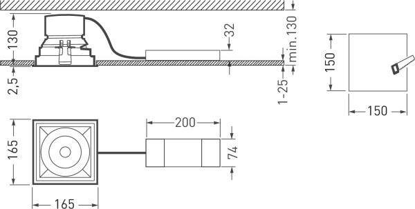 Technische Zeichnung eines Deckeneinbaulautsprechers. Maße: 165 mm Breite, 150 mm Tiefe. Mindesthöhe 130 mm. Kabelanschlüsse sind sichtbar.