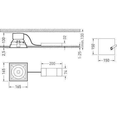 Technische Zeichnung eines Deckeneinbaulautsprechers. Maße: 165 mm Breite, 150 mm Tiefe. Mindesthöhe 130 mm. Kabelanschlüsse sind sichtbar.