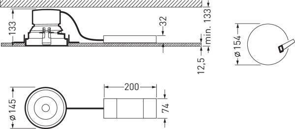 Technische Zeichnung eines runden Lautsprechers mit Abmessungen in Millimetern: Durchmesser 154, Höhe 133, Länge des Kabels 200.