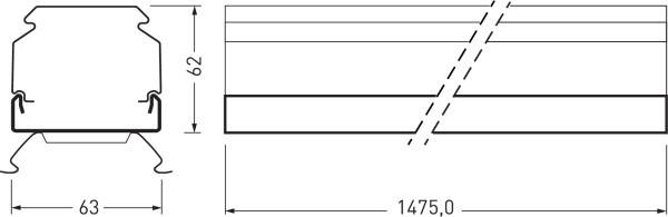 Technische Zeichnung eines Profils mit Abmessungen: Höhe 62 mm, Breite 63 mm, Länge 1475 mm. Zeigt Querschnitt und Seitenansicht.