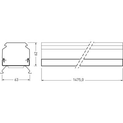 Technische Zeichnung eines Profils mit Abmessungen: Höhe 62 mm, Breite 63 mm, Länge 1475 mm. Zeigt Querschnitt und Seitenansicht.