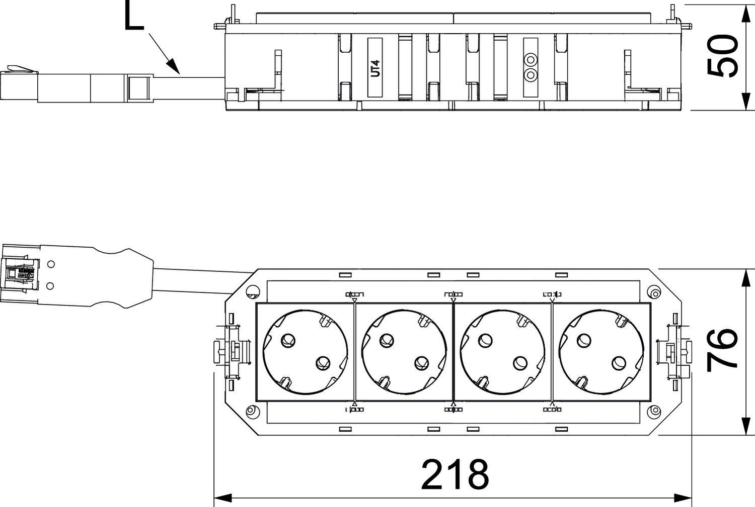 'Technische Zeichnung einer Steckdosenleiste mit vier Steckdosen. Maße: 218 mm Länge, 76 mm Breite, 50 mm Höhe. Seiten- und Draufsicht.'