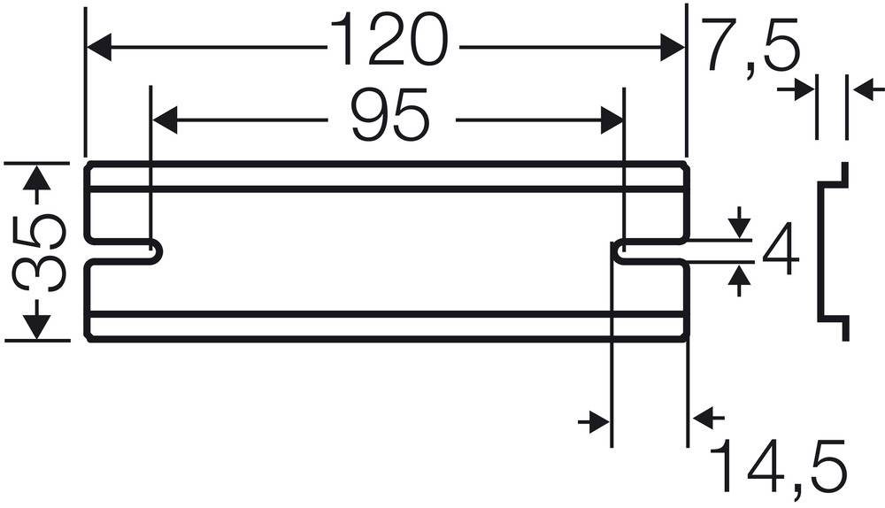 Technische Zeichnung eines rechteckigen Metallprofils mit Maßen: Länge 120 mm, Breite 35 mm, und weiteren spezifischen Abmessungen.