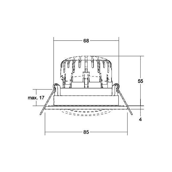 Strichzeichnung eines Einbau-Deckenspots mit Maßen: 68 mm Breite, 85 mm Einbauöffnung, 55 mm Höhe und 17 mm maximal überstandener Raum.