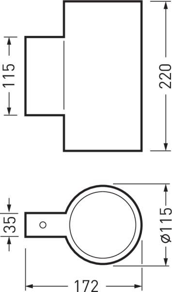 Technische Zeichnung eines zylinderförmigen Objekts mit Maßen: Höhe 220 mm, Breite 172 mm, Durchmesser 115 mm, Länge 35 mm.