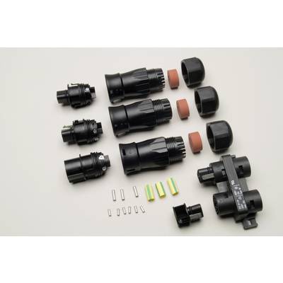 Verschiedene schwarze Stecker und Verbindungsteile auf hellgrauem Hintergrund, geordnet in Reihen mit metallischen und farbigen Einsätzen.