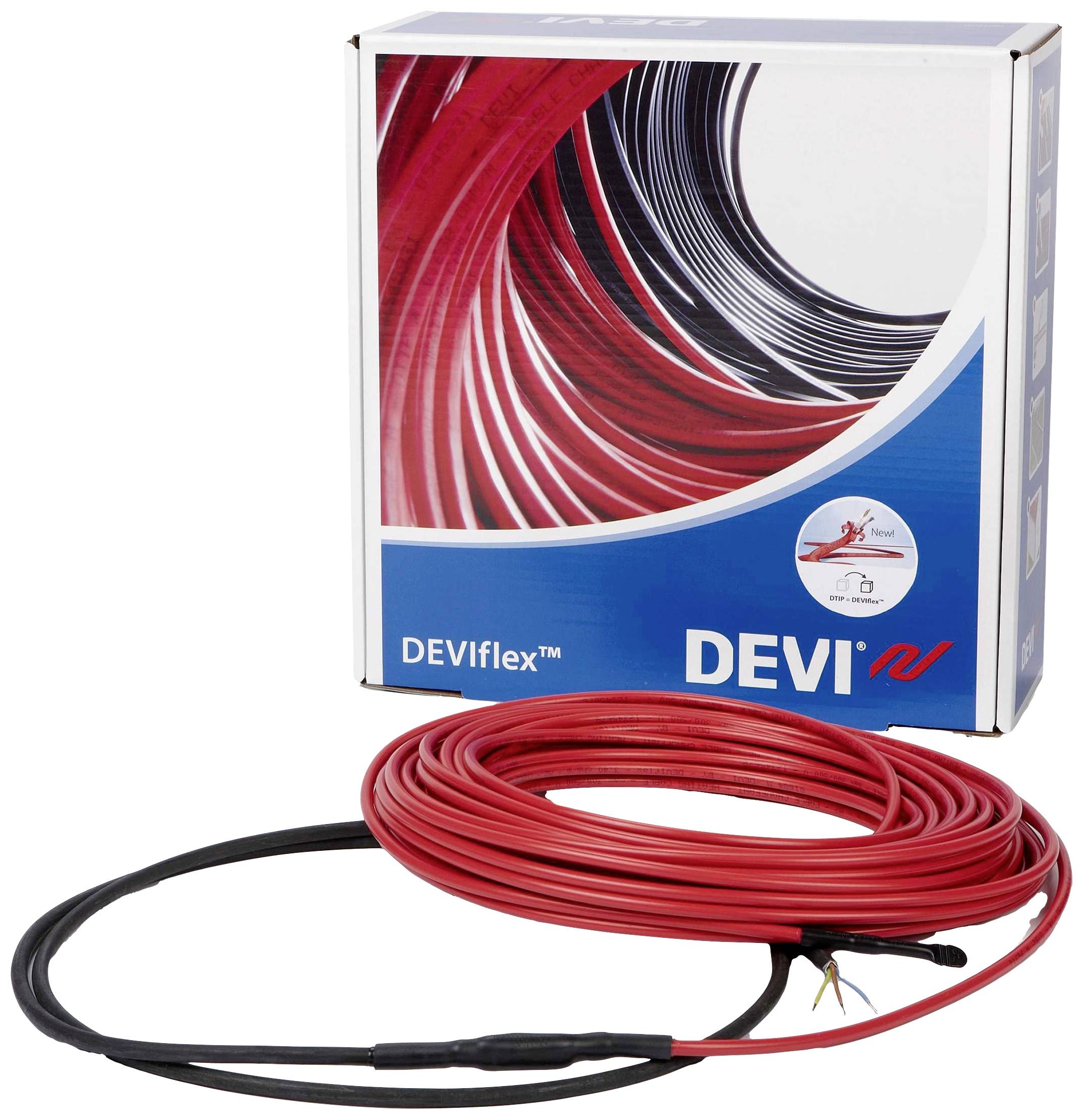 Rote Heizkabelrolle vor einer Verpackungsbox mit 'DEVIflex' und 'DEVI' beschriftet. Verwenden für elektrische Fußbodenheizung.