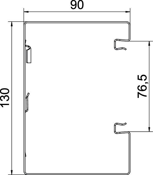 Technische Zeichnung eines rechteckigen Profils mit den Abmessungen: Breite 90 mm, Höhe 130 mm, Innenhöhe 76,5 mm.