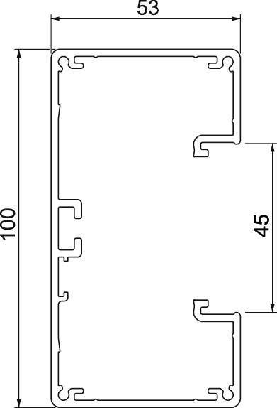 Querschnitt einer technischen Zeichnung mit rechteckiger Form, Maße: Breite 53 mm, Höhe 100 mm, Innenhöhe an einer Stelle 45 mm.