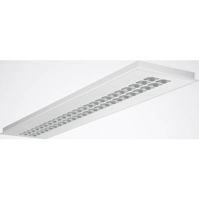 Weiße, rechteckige Deckenleuchte mit silber spiegelndem Gitter, das das Licht gleichmäßig verteilt. Modernes Design, energiesparend.