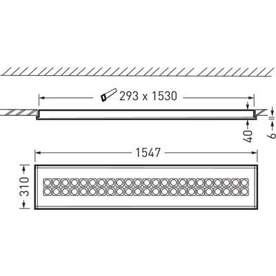 Technische Zeichnung eines rechteckigen Bauteils mit Maßangaben: 293 x 1530 x 40 mm. Oberansicht zeigt Anordnung der 35 kleinen Kreise.