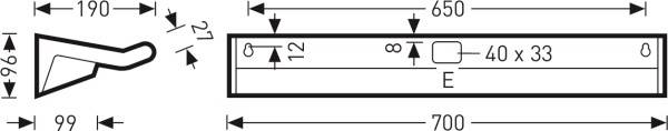 Technische Zeichnung eines Metallbügels mit Abmessungen: Länge 700 mm, Breite 96 mm, Höhe 99 mm. Rechteckige Aussparung 40 x 33 mm.