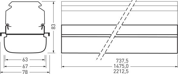 Technische Zeichnung eines Profils mit Maßen: Breite 78 mm, Höhe 83 mm. Weitere Maße: 63 mm und 67 mm angrenzend. Gesamtbreiten = 737,5 mm, 1475,0 mm und 2212,5 mm.