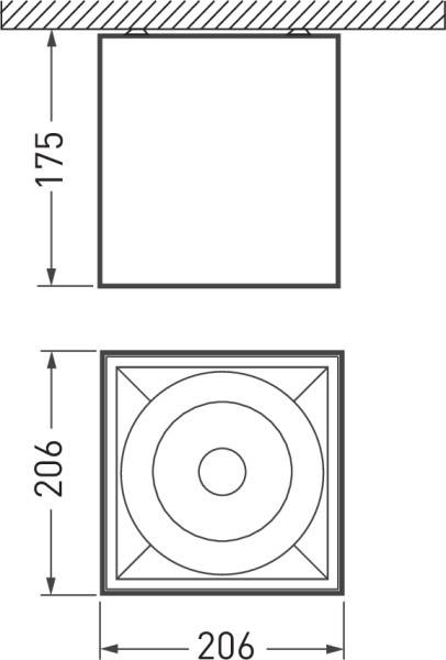 Technische Zeichnung eines Lautsprechers mit Abmessungen: Höhe 175 mm, Breite und Tiefe 206 mm. Quadratische Form.
