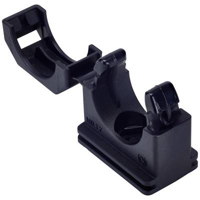Eine schwarze Kabelhalterung aus Kunststoff, die ein Kabel sicher fixiert. Sie hat eine gebogene Form und wird für Kabelmanagement verwendet.