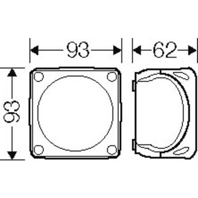 Eine technische Zeichnung zeigt Abmessungen eines quadratischen Gehäuses mit 93 mm x 93 mm und einer seitlichen Breite von 62 mm.
