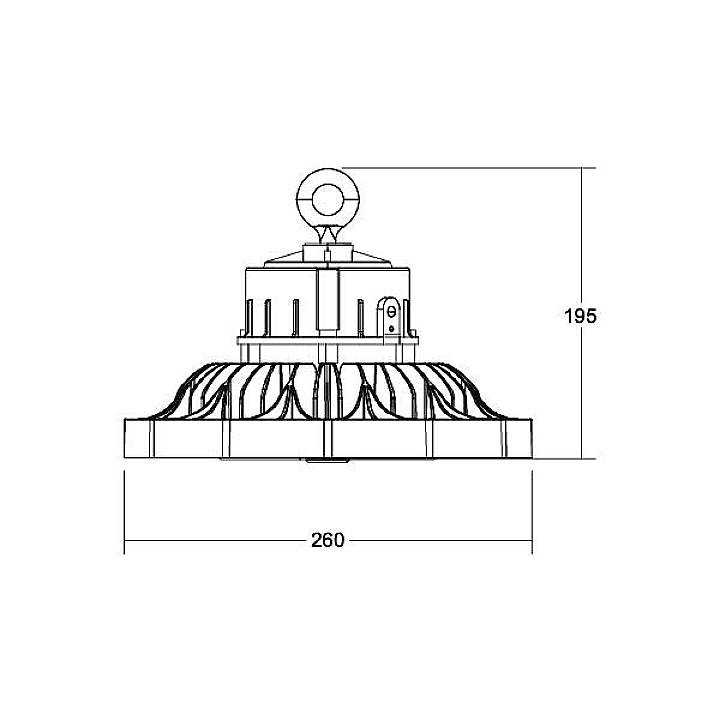 Technische Zeichnung einer Deckenleuchte mit den Maßen: Höhe 195 mm, Durchmesser 260 mm. Zeigt Struktur und Komponenten der Leuchte.