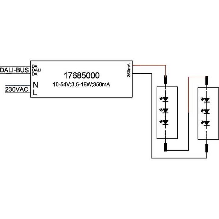 'Schaltplan eines LED-Treibers: DALI-Bus, 230VAC Eingang, 10-54V Ausgang, 3,5-18W, 350mA. Zwei LED-Module parallel angeschlossen.'