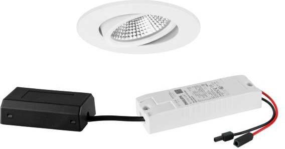Rundstrahler mit integrierter LED-Lampe, verbunden mit einem Vorschaltgerät. Ideal für Deckenbeleuchtung in modernen Innenräumen.