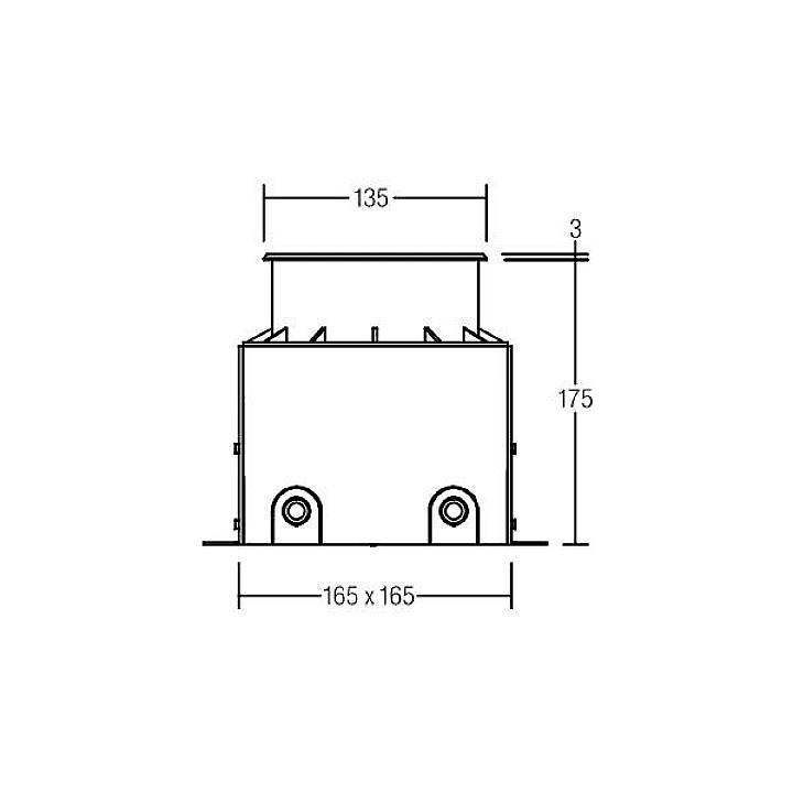 Technische Zeichnung eines rechteckigen Objekts mit den Maßen: Breite 165x165, Höhe 175, einer seitlichen Tiefe von 3 und einer inneren Breite von 135.