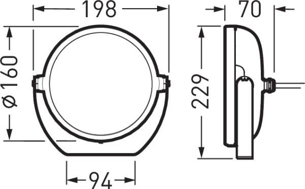 Technische Zeichnung einer runden Lampe mit Maßen: Durchmesser 160 mm, Breite 198 mm, Tiefe 70 mm, Höhe 229 mm.