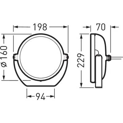 Technische Zeichnung einer runden Lampe mit Maßen: Durchmesser 160 mm, Breite 198 mm, Tiefe 70 mm, Höhe 229 mm.