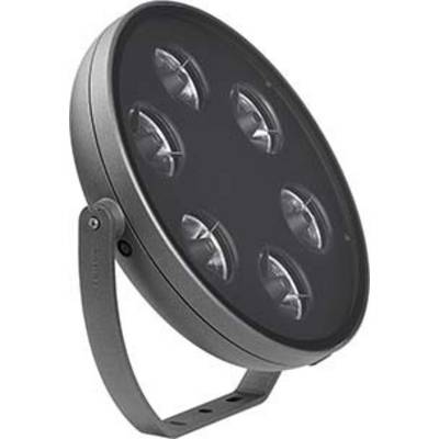 Rundes, schwarzes LED-Licht mit sechs sichtbaren Leuchten auf einem gebogenen Ständer, für professionelle Beleuchtung eingesetzt.