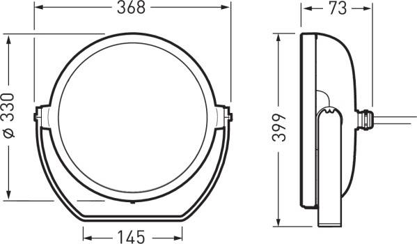 Technische Zeichnung einer runden Lampe, Vorderansicht mit Durchmesser 330 mm, und Seitenansicht mit Höhe 399 mm, Tiefe 73 mm.
