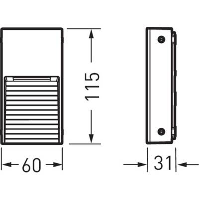 Diagramm einer rechteckigen Leuchte mit den Maßen 60 mm breit, 115 mm hoch und 31 mm tief. Zeigt Vorder- und Seitenansicht.