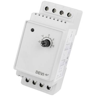Ein elektrischer Temperaturregler mit Drehknopf zur Einstellung der Skala von 0 bis 10. Markenname 'DEVI' auf der Vorderseite.