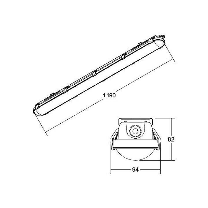 Technische Zeichnung einer langen, rechteckigen Leuchte mit Maßen: Länge 1190 mm, Breite 94 mm, Höhe 82 mm.