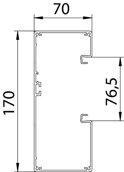 Diagramm einer rechteckigen Struktur. Abmessungen: Höhe 170, Breite 70, verlängerte Seite 76,5. Zeigt technische Details einer Konstruktion.
