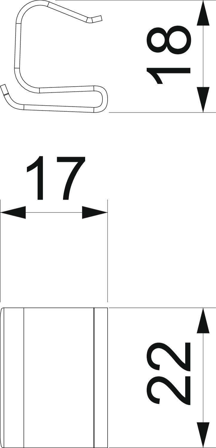 Technische Zeichnung eines Hakens. Oben wird die Seitenansicht mit Maßen 18 und 17 gezeigt. Unten die Vorderansicht mit Höhe 22.