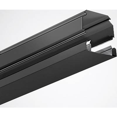 Schwarzes Metallprofil, möglicherweise ein Bauteil für Montage oder Konstruktion. Rechteckige Form, mit Schienen oder Rillen.