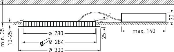 Schnittzeichnung einer eingebauten Leuchte mit Abmessungen: min. Höhe 35 mm, max. Ausladung 140 mm, Durchmesser 280-300 mm.