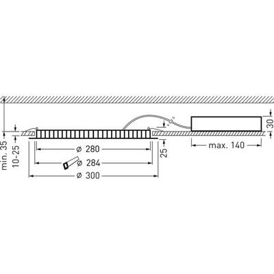 Schnittzeichnung einer eingebauten Leuchte mit Abmessungen: min. Höhe 35 mm, max. Ausladung 140 mm, Durchmesser 280-300 mm.