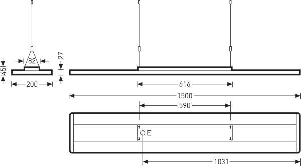 Technische Zeichnung einer hängenden Leuchte mit Maßen: Länge 1031 mm, Breite 200 mm, Höhe 45 mm, Abstand 82 mm von Decke.