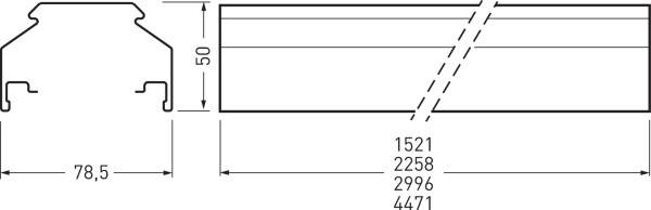 Strukturschema einer Metallleiste mit Querschnittsansicht. Maße: Breite 78,5 mm, Höhe 50 mm. Länge in vier Varianten: 1521, 2258, 2996, 4471 mm.