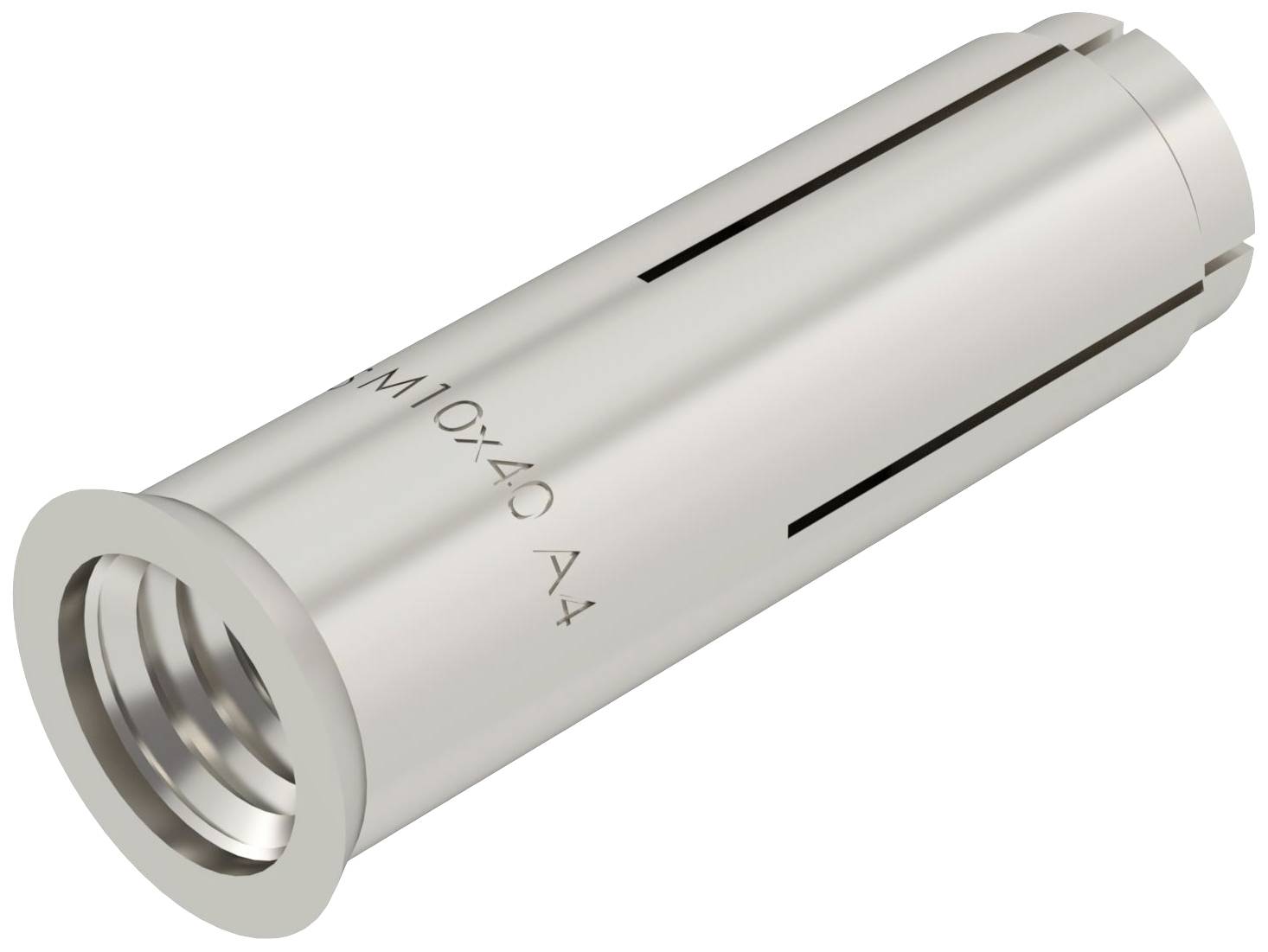 Metallischer Einsatzzylinder, zylindrische Form mit seitlichen Schlitzen und Gravur 'M10x40 A4', wahrscheinlich ein Anker oder Dübel.