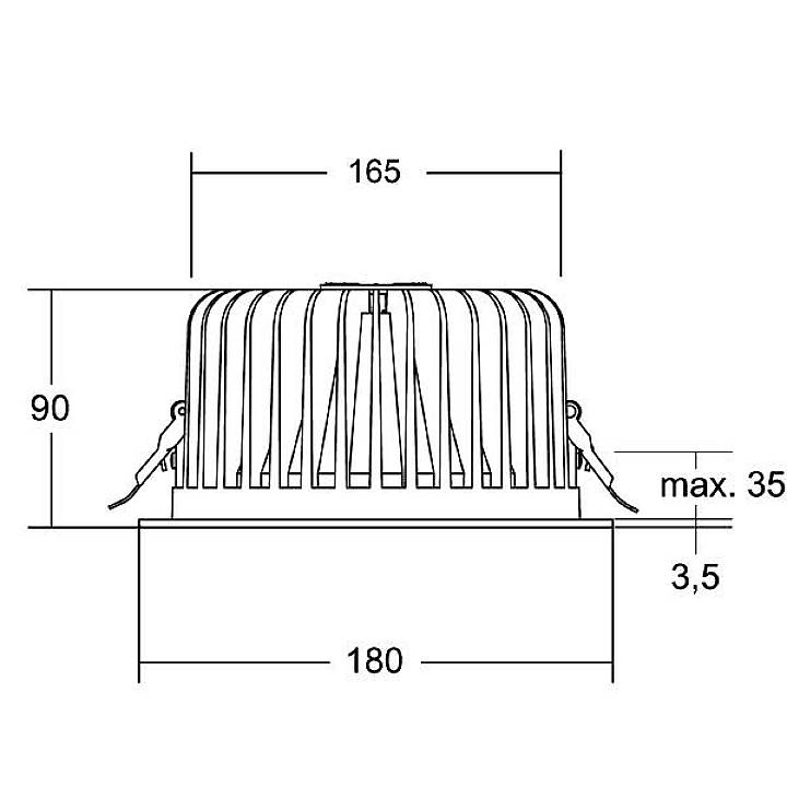 Technische Zeichnung eines runden Lüftungsgitters mit Abmessungen: Durchmesser 180 mm, Höhe 90 mm, Einbautiefe max. 35 mm.