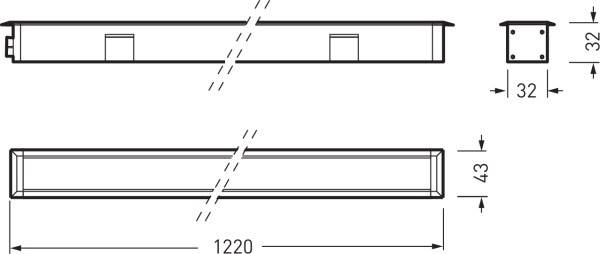 Technische Zeichnung eines rechteckigen Balkens mit den Maßen 1220 x 43 x 32 mm. Seiten- und Draufsicht sind dargestellt.