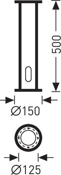 Zeichnung eines zylindrischen Objekts mit 500 mm Höhe. Durchmesser oben: 150 mm, unten: 125 mm.