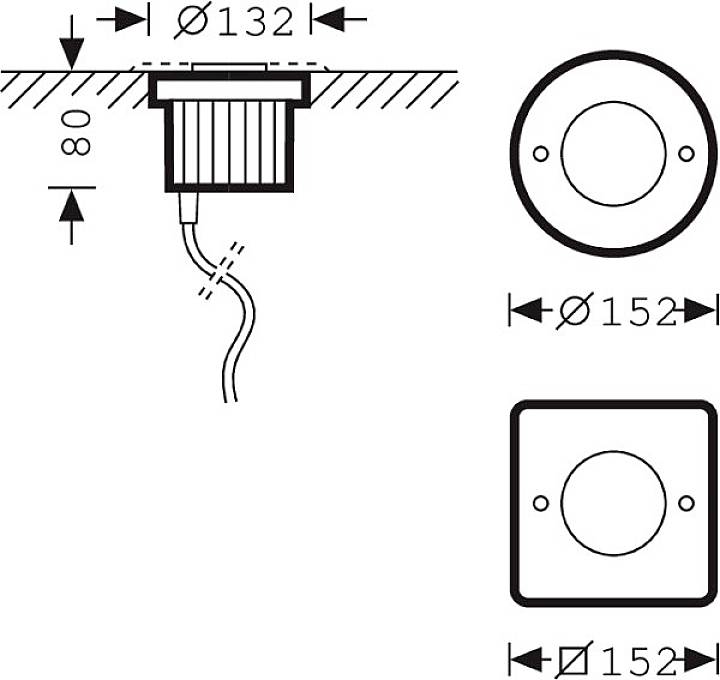 'Zeichnung von drei Einbaurahmen: rund mit Durchmesser 132 mm, rund mit Durchmesser 152 mm und quadratisch mit 152 mm Kantenlänge.'