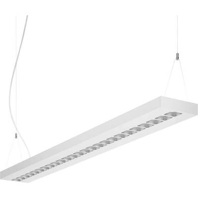Eine moderne, rechteckige Hängelampe aus weißem Material mit mehreren quadratischen Lichtöffnungen, aufgehängt an dünnen Kabeln.