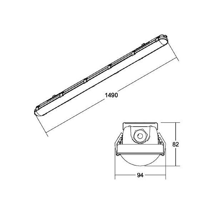 Zeichnung einer länglichen Leuchte mit Abmessungen: Länge 1490 mm, Breite 94 mm, Höhe 82 mm, Ansicht von der Seite und unten.