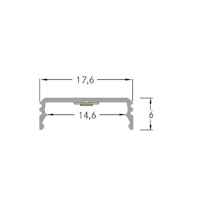 'Querschnitt einer Aluminiumprofil-Schiene mit Breitenangabe von 17,6 mm und Tiefe von 6 mm, innere Breite 14,6 mm.'