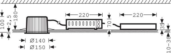 Querschnittszeichnung eines eingebauten Beleuchtungssystems mit Abmessungen in Millimetern. Komponenten und Höhen sind beschriftet.